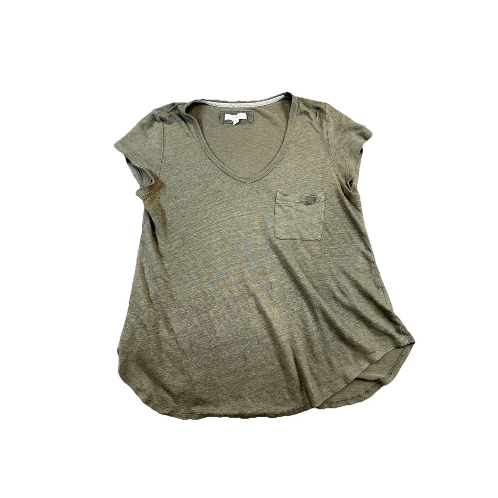 Anthropologie Pure + Good  Green 100% Linen Short Sleeve Pocket XS Boho Beachy